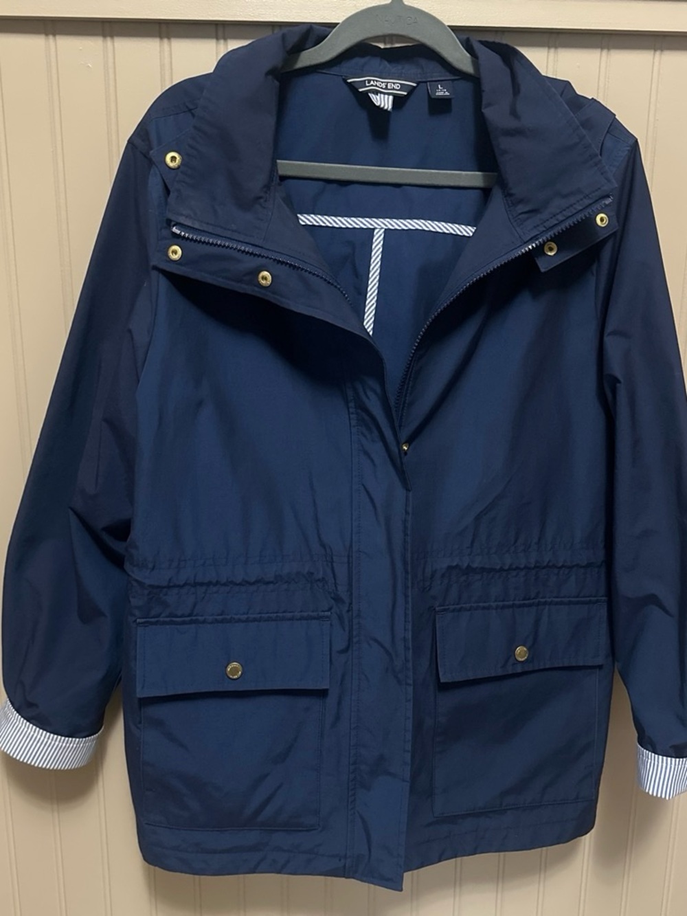 Lands' End Navy Hooded Trench Coat with Snap Flap Pockets